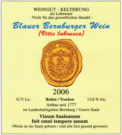 Blauer Bernburger Wein Etikett